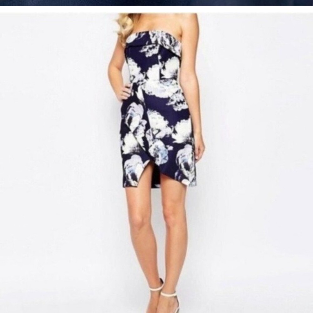 Finders Keepers Strapless Mini Dress in Dark Blue and White Floral
